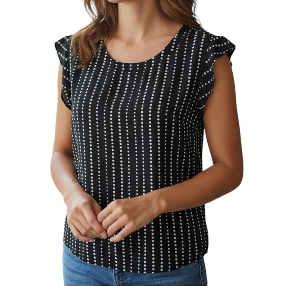 Ann Taylor Factory Black and White Dot Blouse Capped Short Sleeve | EUC - Picture 1 of 5